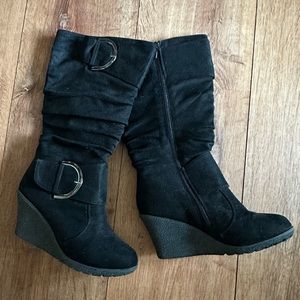 Top Moda Large Buckle Slouch Wedge Boots
